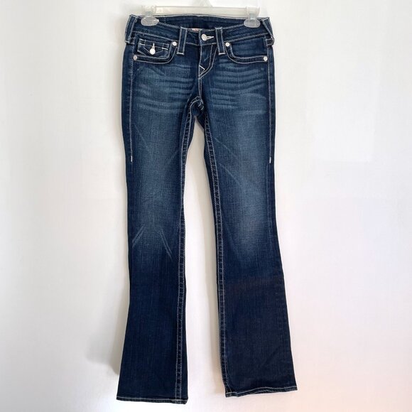 TRUE RELIGION Becky Crystal Dark Wash Swarovski Distressed Low Rise Bootcut Jean - Picture 2 of 13